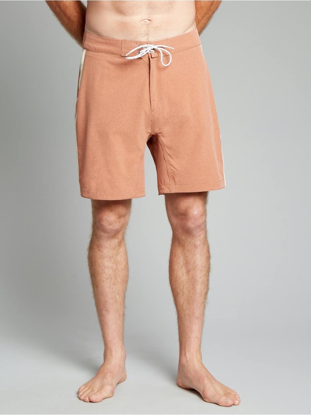 Huckberry Wellen '66‎ Stretch Boardshort Side Stripe Unlined Swim Trunks In Rust
